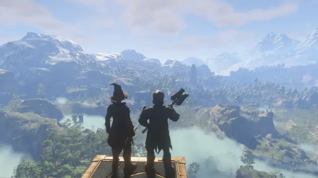 A mage and warrior overlooking a mountain valley from a wooden platform