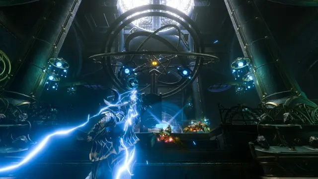 A caster sending blue lightning toward enemies in an ancient hall
