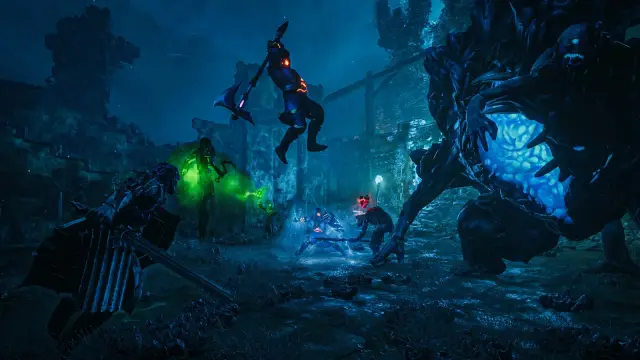 Players using different weapons together inside a blue dungeon