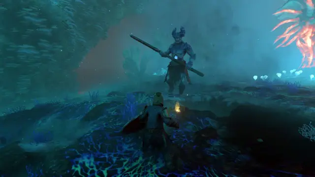 A Flameborn with a torch and shield confronting a Fell Thunderbrute near a Shroud Root