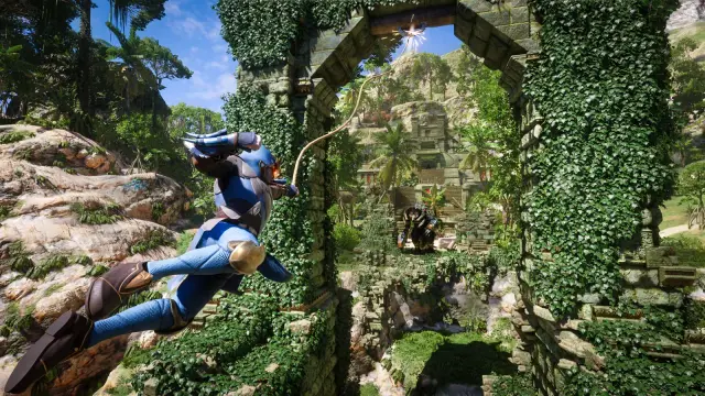 A Flameborn using a grappling rope between jungle stone arches