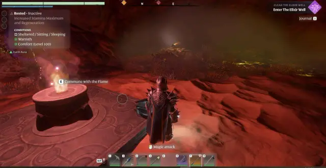 A Flameborn beside a lit Flame Altar inside a red rock cavern
